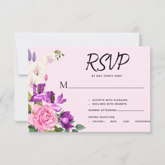 ロマンチックなピンクの紫はっきりした色の花束 出欠カード (正面)