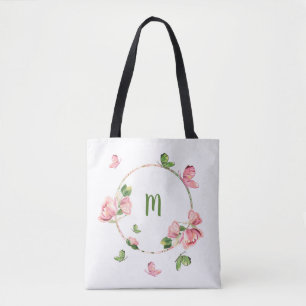 ロマンチックなピンクの花々の緑 トートバッグ