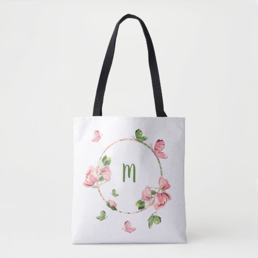 ロマンチックなピンクの花々の緑 トートバッグ (正面)