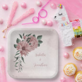 ロマンチックなピンクの花とグリーン葉の花 ペーパープレート (パーティー)