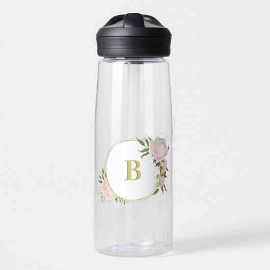 ロマンチックなピンクの花と緑の葉 ウォーターボトル (正面)