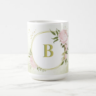 ロマンチックなピンクの花と緑の葉 コーヒーマグカップ