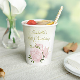 ロマンチックなピンクの花と緑の葉 紙コップ