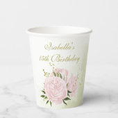 ロマンチックなピンクの花と緑の葉 紙コップ (裏面)