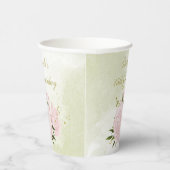 ロマンチックなピンクの花と緑の葉 紙コップ (右)