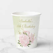ロマンチックなピンクの花と緑の葉 紙コップ (正面)