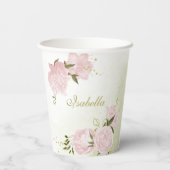 ロマンチックなピンクの花と緑の葉 紙コップ (裏面)