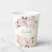 ロマンチックなピンクの花と緑の葉 紙コップ (裏面)