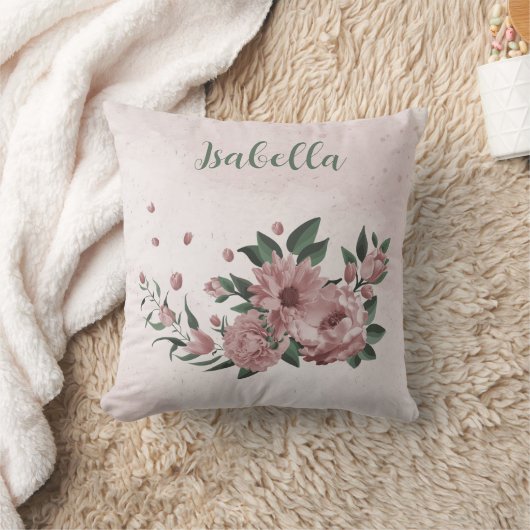 ロマンチックなピンクの花と緑葉の花 クッション (ブランケット)