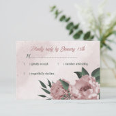 ロマンチックなピンクの花と葉緑の結婚花 出欠カード (スタンド正面)