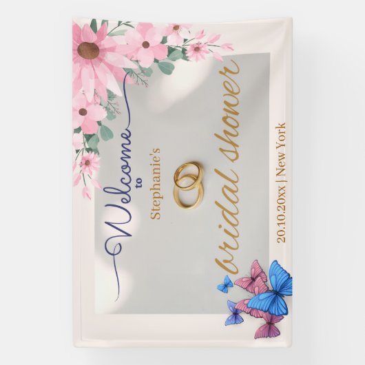 ロマンチックなピンクの花のウェディングシャワー歓迎ポスター 横断幕 (縦)