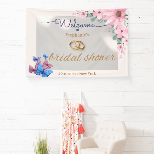 ロマンチックなピンクの花のウェディングシャワー歓迎ポスター 横断幕 (インサイチュ)