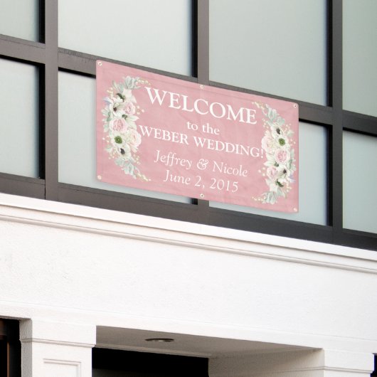 ロマンチックなピンクの花の結婚式の旗 横断幕 (ビルの外側)