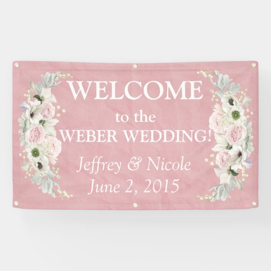 ロマンチックなピンクの花の結婚式の旗 横断幕 (横)