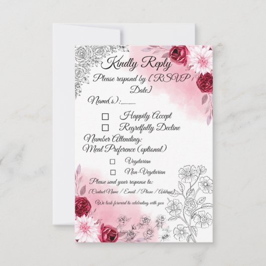ロマンチックなピンクの花の結婚式RSVPカード 出欠カード (正面)
