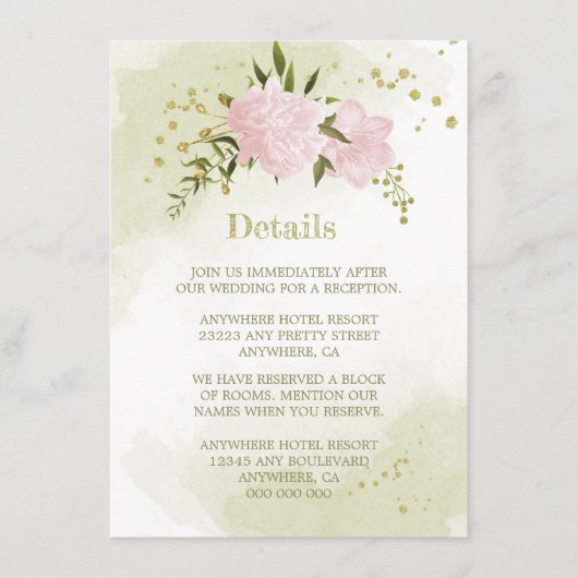 ロマンチックなピンクの花の緑の詳細 エンクロージャーカード (正面)