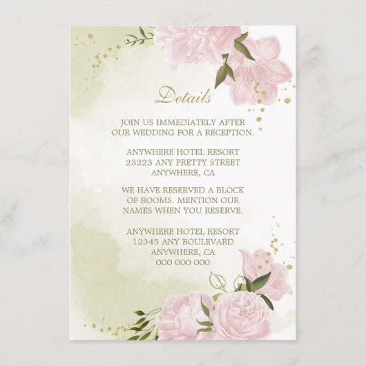 ロマンチックなピンクの花の緑の詳細 エンクロージャーカード (正面)