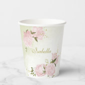 ロマンチックなピンクの花の緑 紙コップ (正面)