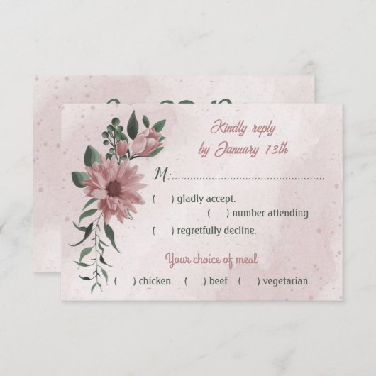 ロマンチックなピンクの花の葉緑の食事の選択 出欠カード (正面/裏面)