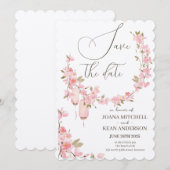 ロマンチックなピンクの花のSave the Date 招待状 (正面/裏面)