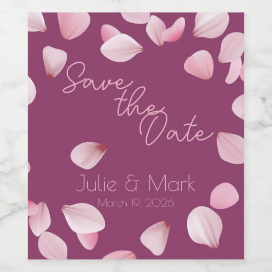 ロマンチックなピンクの花びら日付ワインラベルを保存 ワインラベル (シングルラベル)