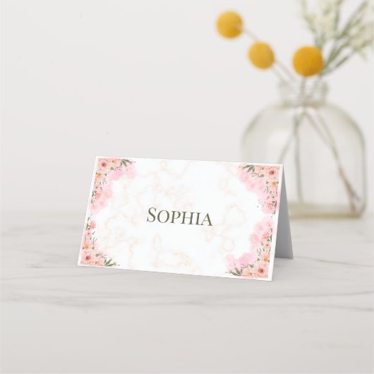 ロマンチックなピンクの花を折った座席表 プレイスカード (正面)