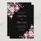ロマンチックなピンクの花フローラ結婚ブラック 招待状 (正面/裏面)