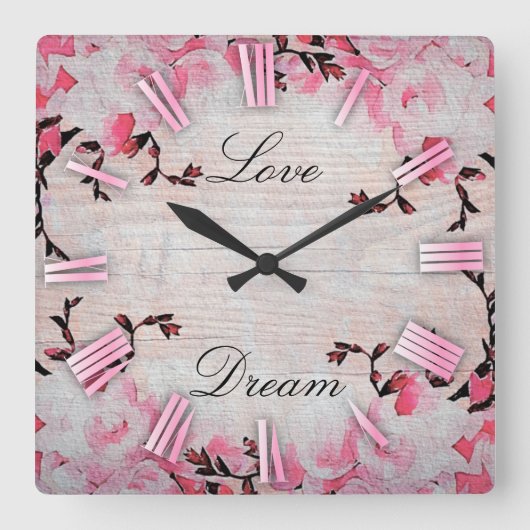 ロマンチックなピンクの花素朴オンウッドカントリーシック スクエア壁時計 (正面)