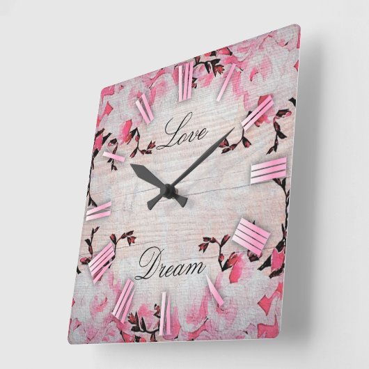 ロマンチックなピンクの花素朴オンウッドカントリーシック スクエア壁時計 (傾斜)