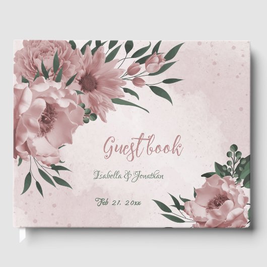 ロマンチックなピンクの花葉とグロ結婚ンの ゲストブック (正面)