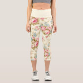 ロマンチックなピンクの英語のバラオン淡い色のイエロー カプリレギンス (正面)