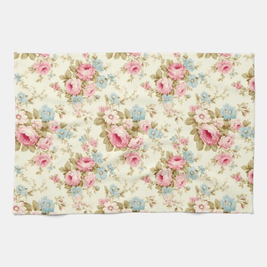 ロマンチックなピンクの英語のバラオン淡い色のイエロー キッチンタオル (横)