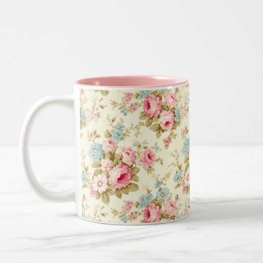 ロマンチックなピンクの英語のバラオン淡い色のイエロー ツートーンマグカップ (左)