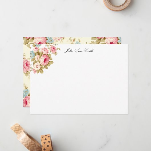 ロマンチックなピンクの英語のバラオン淡い色のイエロー ノートカード (正面/裏面インサイチュ)