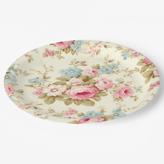 ロマンチックなピンクの英語のバラオン淡い色のイエロー ペーパープレート (アングル)