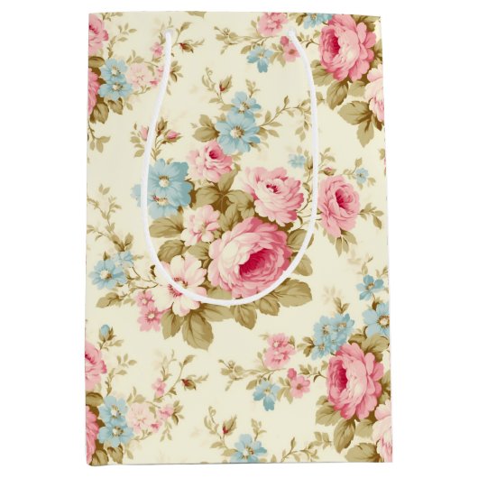 ロマンチックなピンクの英語のバラオン淡い色のイエロー ミディアムペーパーバッグ (正面)