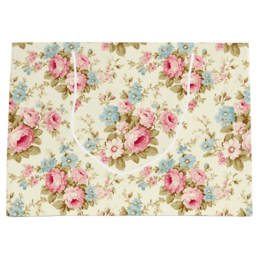 ロマンチックなピンクの英語のバラオン淡い色のイエロー ラージペーパーバッグ (正面)