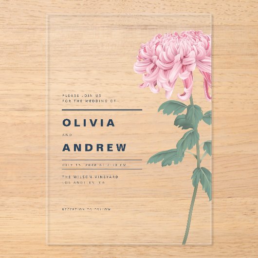 ロマンチックなピンクの菊の結婚植物 アクリル招待状 (正面)