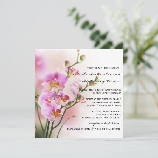 ロマンチックなピンクの蘭の結婚式招待状 招待状 (スタンド正面)