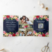 ロマンチックなピンクの赤いバラQRコードネイビーブルー結婚ズ 三つ折り招待状 (内部)