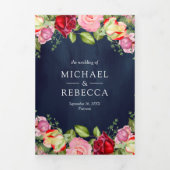 ロマンチックなピンクの赤いバラQRコードネイビーブルー結婚ズ 三つ折り招待状 (カバー)