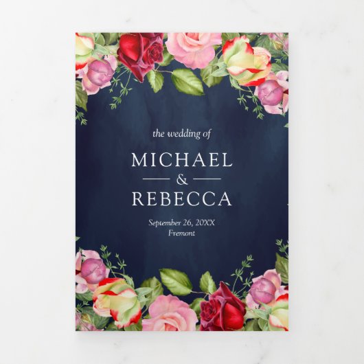 ロマンチックなピンクの赤いバラQRコードネイビーブルー結婚ズ 三つ折り招待状 (カバー)