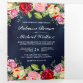 ロマンチックなピンクの赤いバラQRコードネイビーブルー結婚ズ 三つ折り招待状 (内部最初)