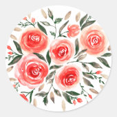 ロマンチックなピンクの赤い水カラーバラフローラ ラウンドシール (正面)