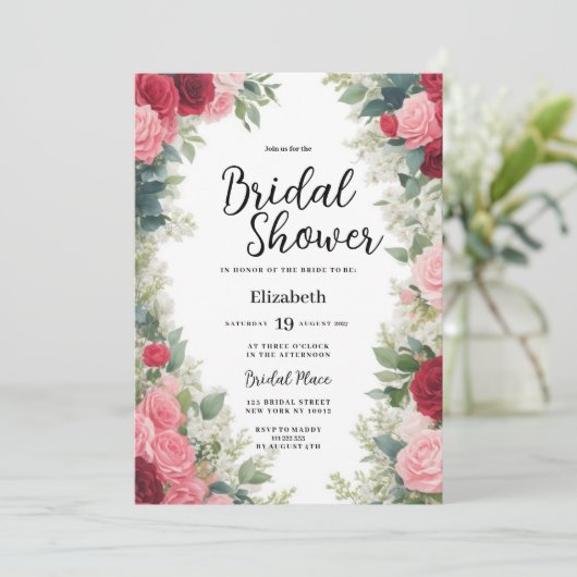 ロマンチックなピンクの赤い白いミントバラ結婚フローラ 招待状 (スタンド正面)