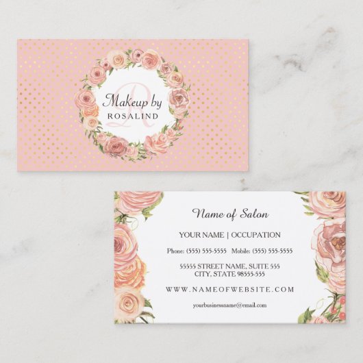 ロマンチックなピンクの金ゴールドドットバラフローラメイクアップアーティスト 名刺 (正面/裏面)