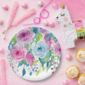 ロマンチックなピンクの青い水彩画の花柄 ペーパープレート (パーティー)