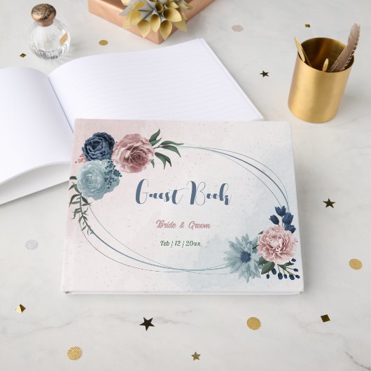 ロマンチックなピンクの青い花結婚の緑 ゲストブック (正面見開き)