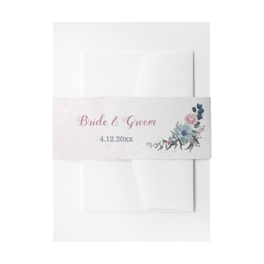 ロマンチックなピンクの青い花結婚の緑 招待状ベリーバンド (正面例)