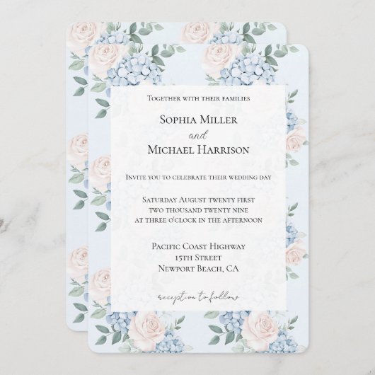 ロマンチックなピンクの青結婚い花 招待状 (正面/裏面)